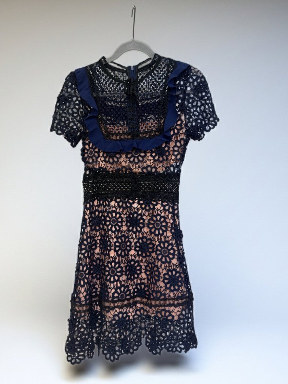 Runway Style Guipure Lace Mini Dress Navy Blue Floral Crochet Cutout Dress S